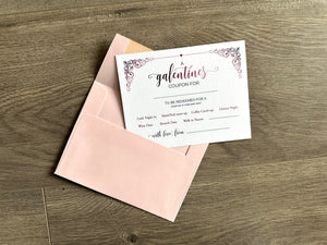 A white notecard is coming out of a pale pink envelope. The card is a "galentines day" coupon that can be redeemed for things like a wine date, coffee catch-up, dinner night and so on. By Stationare.