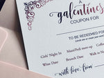 A closeup photo of a white linen notecard with purple, pink and navy lettering. The word "galentines" is in script across the top with a swirled design in the left-hand corner. The remaining text is a coupon for a girl's day/catch-up. By Stationare.