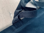 closeup of handles on black canvas tote