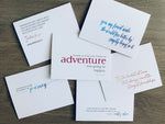 There is  a collage of 6 white notecards on a wooden background. The cards are a collection of quotes and sayings about friendship. By Stationare