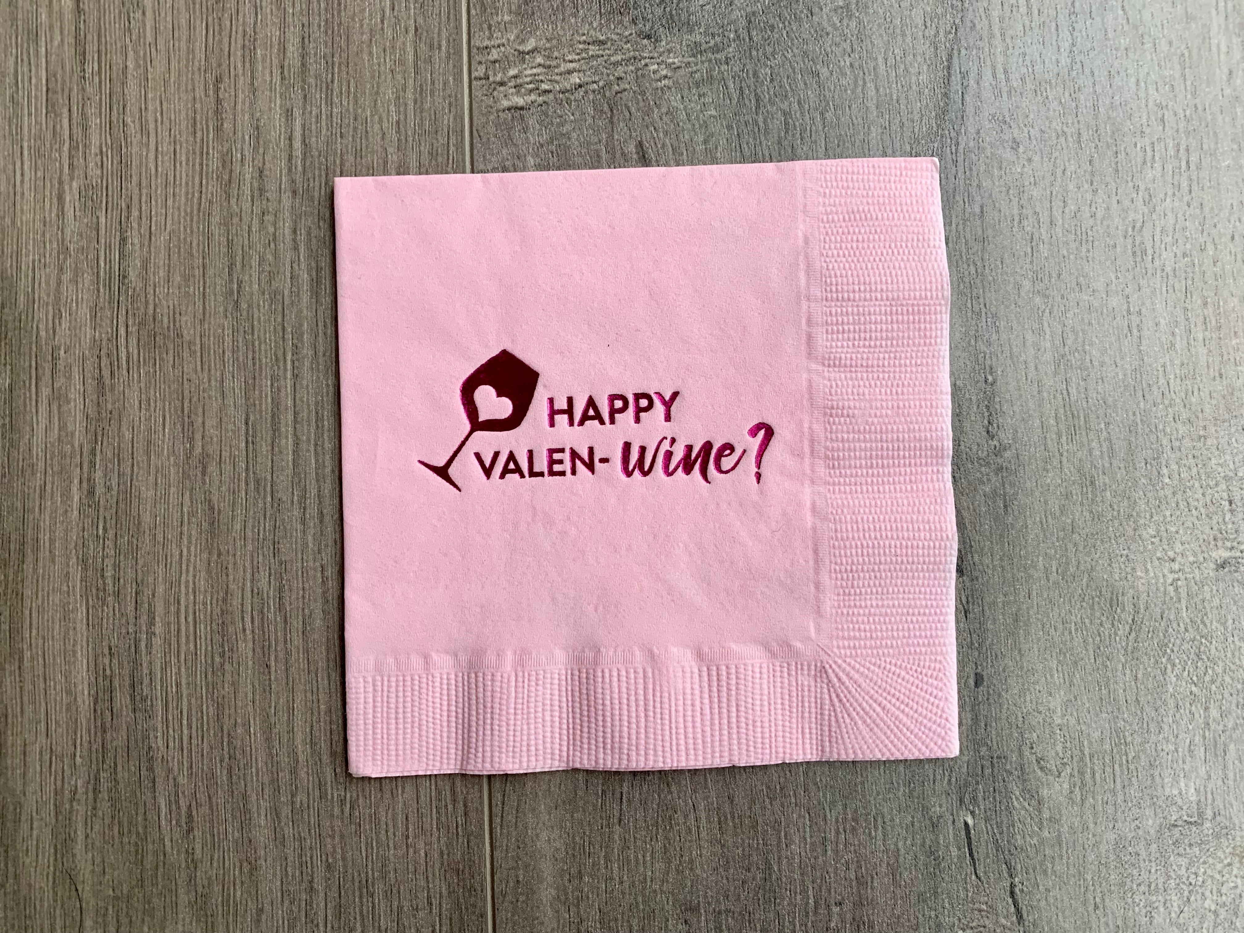 Pink Happy Valen-wine cocktail napkin with shiny magenta colored foil Valentine's Day napkin by Stationare
