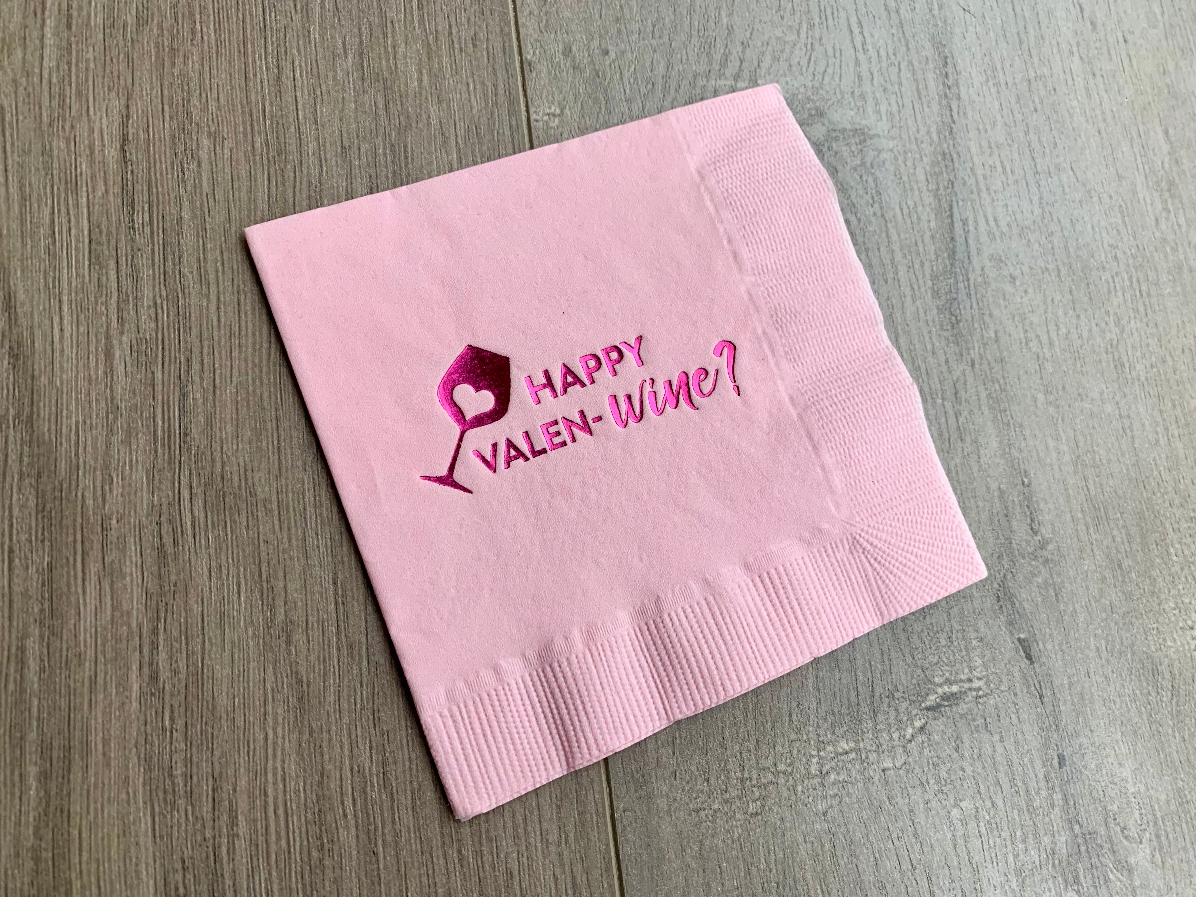 Pink Happy Valen-wine cocktail napkin by Stationare on wood background