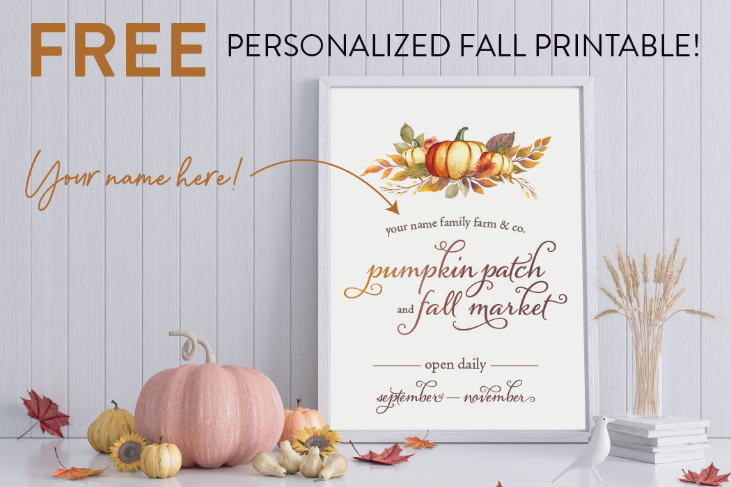 image of free personalized fall pumpkin patch printable art by Stationare. Sized to 8x10, this art is sent as a download that you can easily print, frame and enjoy.