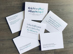 Six white notecards are lying on a gray wooden background. Each card has a gratitude-filled quote thanking the recipient for their help during a challenging time. The saying is in an ombre of navy to teal. Surviving Hard Times by Stationare
