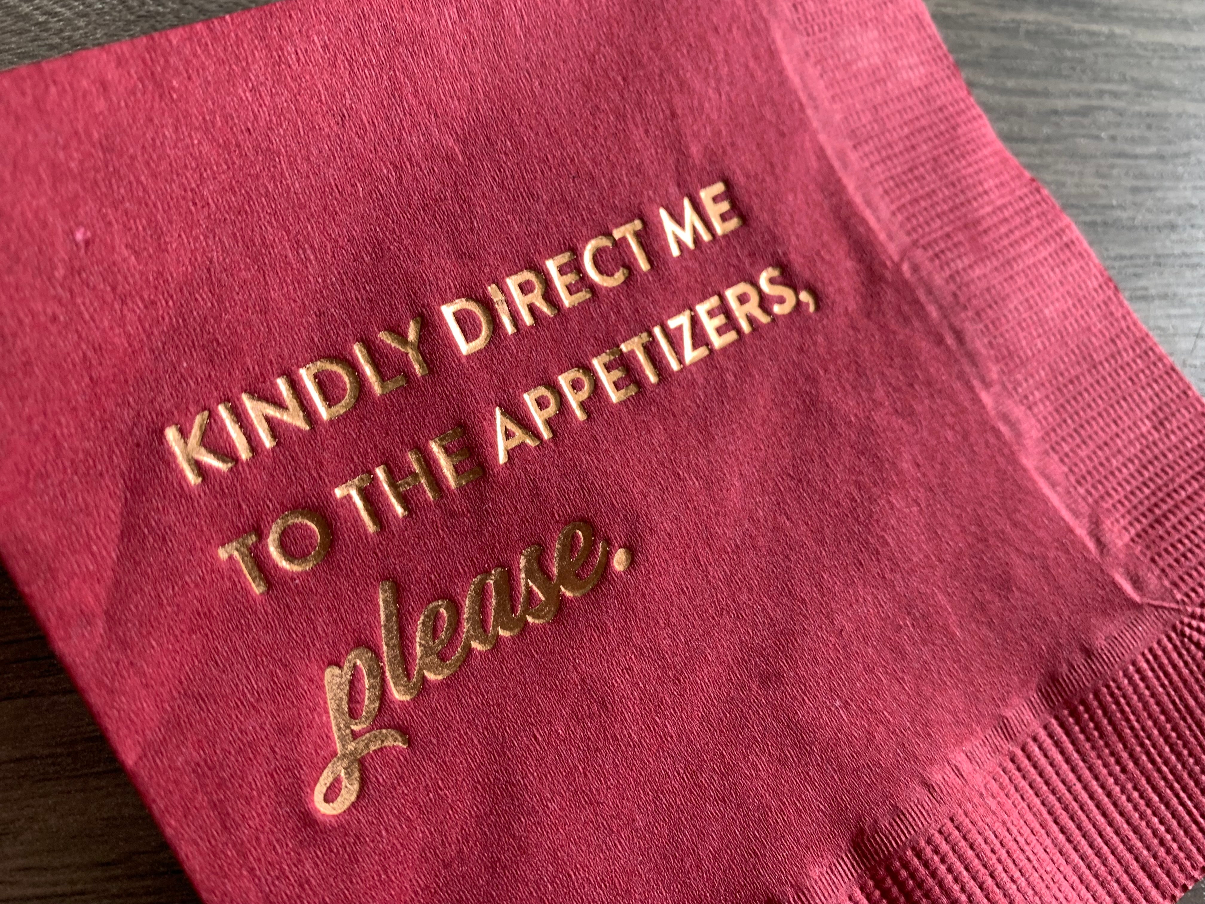 kindly direct me to the appetizers please cocktail napkin by stationare