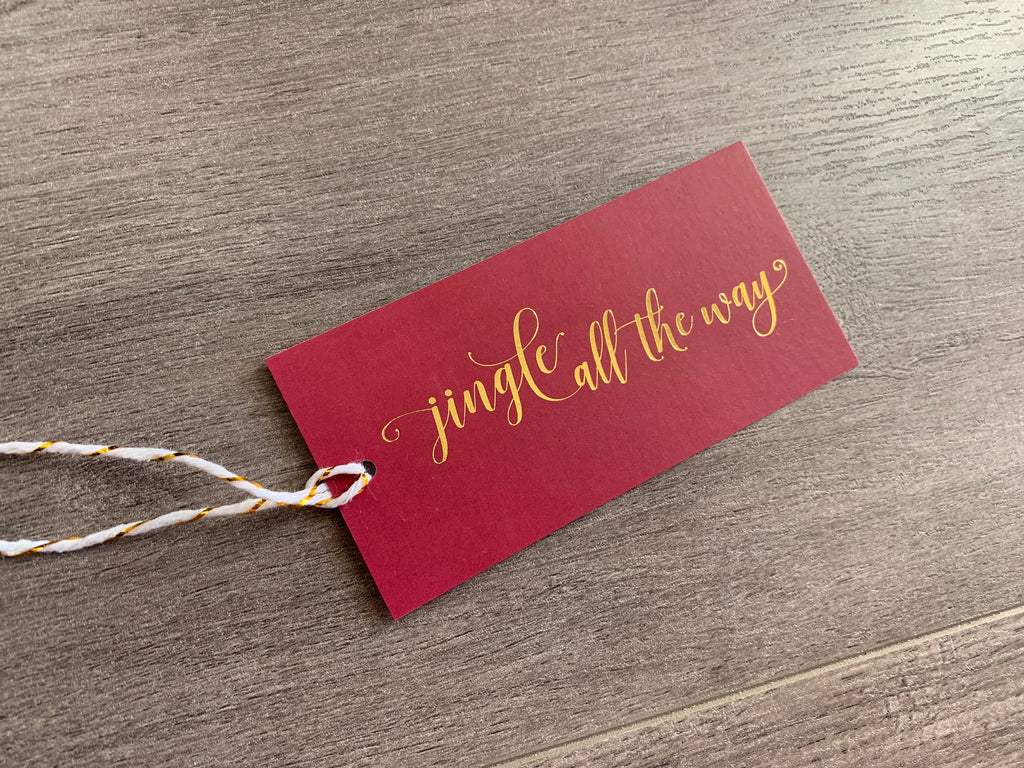 jingle all the way burgundy and gold foil holiday gift tag by stationare