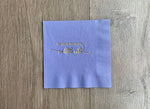 Stationare's periwinkle blue cocktail napkin with metallic gold foil that reads "so many candles... so little cake" birthday napkin