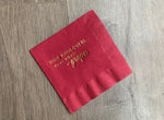 Burgundy cocktail napkin with gold metallic foil that reads "wine hangovers: the evil wrath of grapes" wine night appetizer napkin